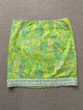Lilly Pulitzer Yellow and Lime Mini Skirt with White Trim Crazy Cat House Size 4